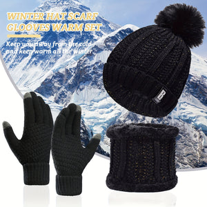 3Pcs/Set Women Knitted Hat Scarf Gloves Set