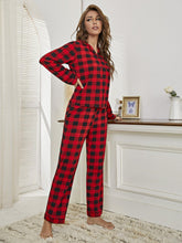 Load image into Gallery viewer, Plaid Collared Neck Long Sleeve Top and Pants Lounge Set