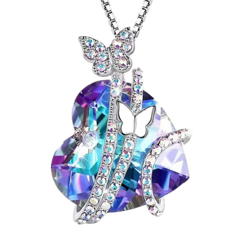 Fashion Butterfly Crystal Heart Necklace