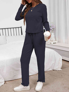 Round Neck Long Sleeve Top and Drawstring Pants Lounge Set